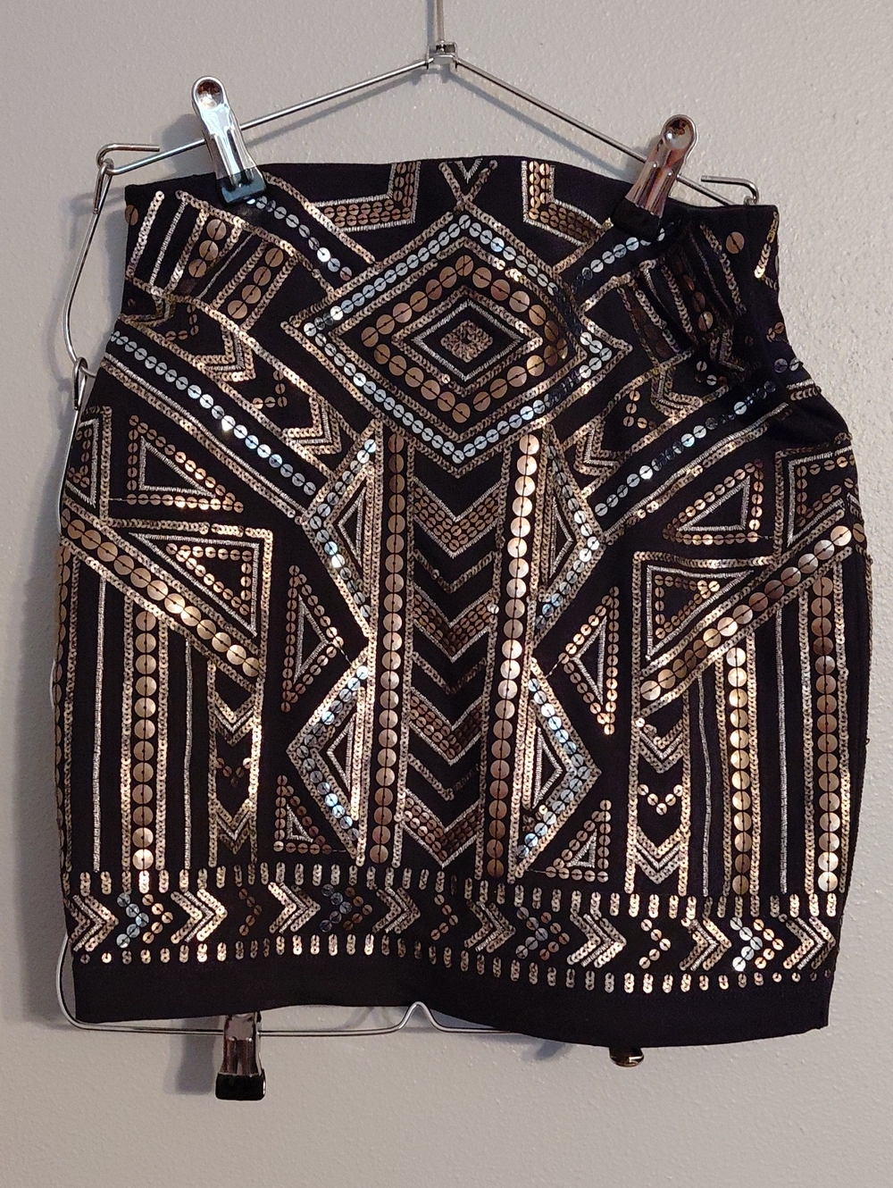 Express Black Mini Skirt with Gold Sequin Geometric Design